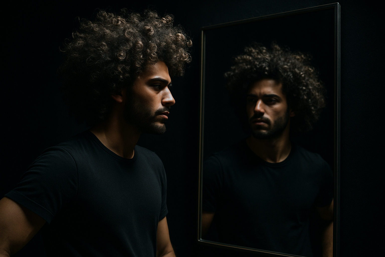 guy with grat curly hair looking at the mirror , black enviroment