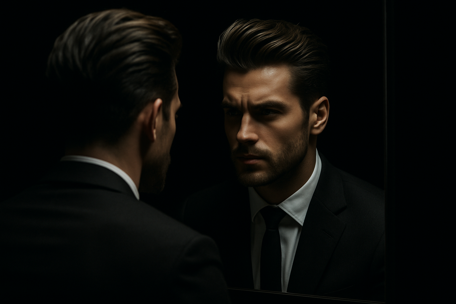 i just one a guy staring at the mirror with a great hair and and black enviroment