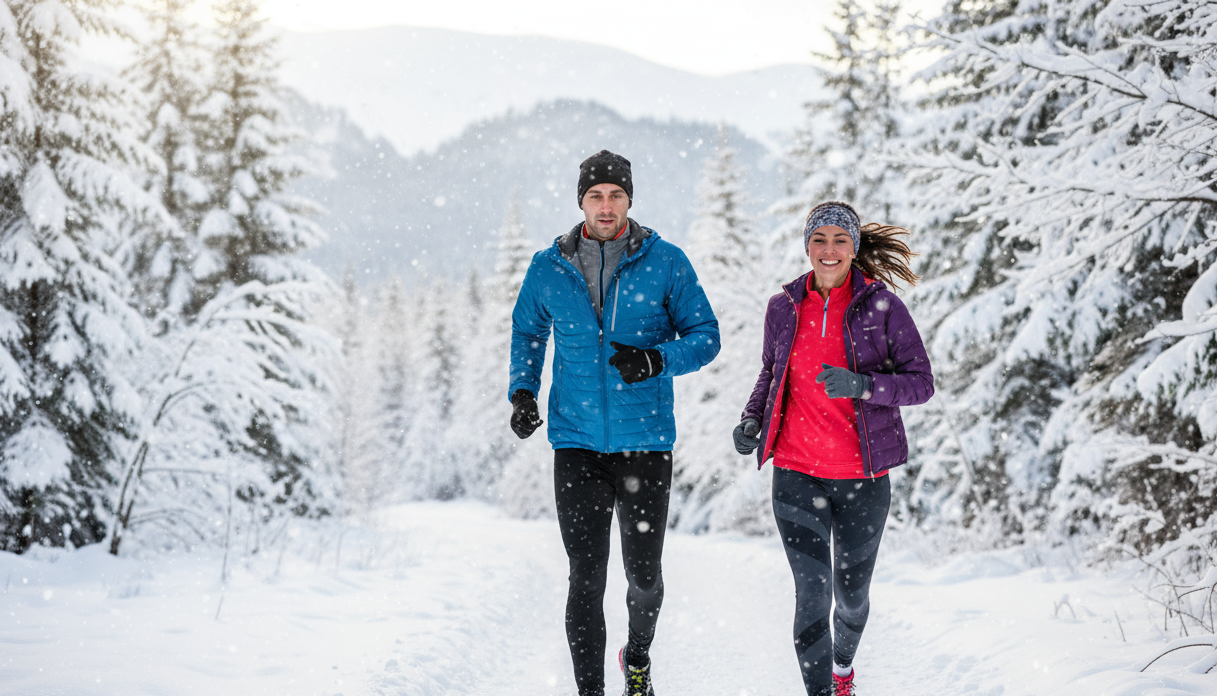 i want an image with a man and a woman running in the winter with sport clothes on 